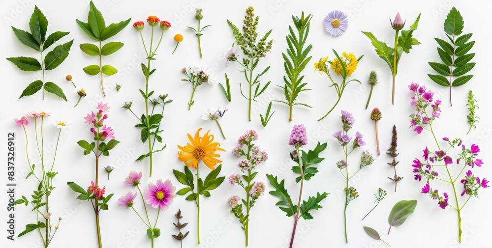 various wild flowers, top view, isolated on white background. A set of ...
