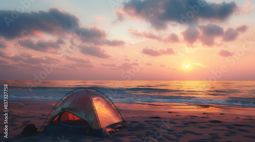 Camping adventure at the beach as the sunset © Yuly