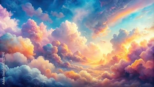 Watercolor pastel sunset sky with abstract puffy clouds, perfect for a banner or background photo