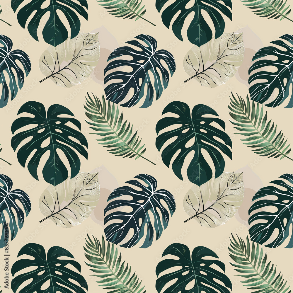 tropical leaves in a repetitive pattern on a solid colored background tropical leaves in a repetitive pattern on a solid colored background