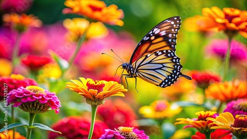 Vibrant image of a butterfly gracefully landing on colorful flowers in a garden © Sangpan