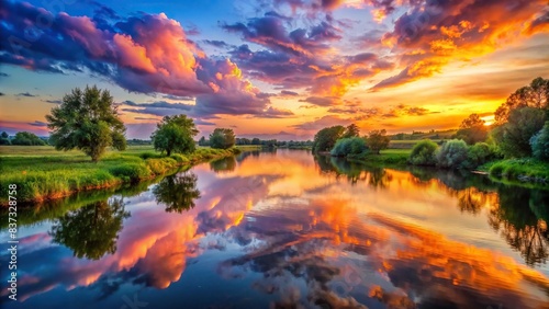 Sunset over tranquil river with colorful sky reflections