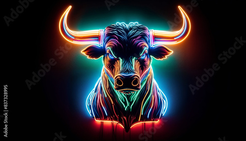 Colorful Neon Bull Head Sign on Black Background