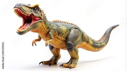 Playful toy dinosaur with open mouth on white background