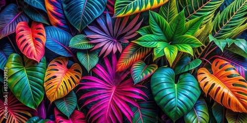 Vibrant fluorescent tropical leaf arrangement photo