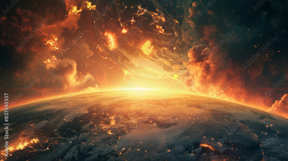 Culture and religion, horror and fantasy concept. Surreal and apocalyptic landscape view of planet Earth and humanity extinction in fire and chaos