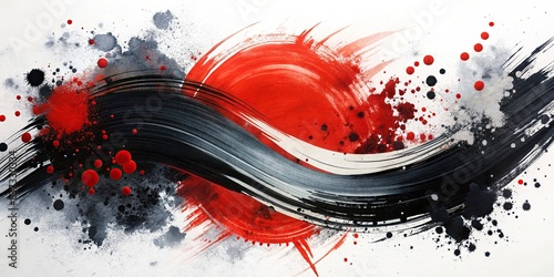 Abstract black paint splashes and brush strokes on white background, inspired by Japanese style photo