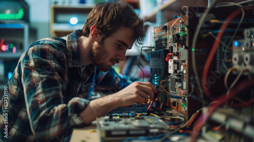 Elektroniker an seinem Arbeitsplatz lachelt in die Kamera