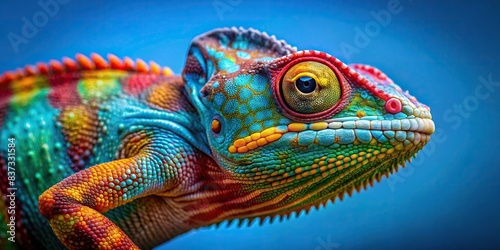 Colorful chameleon blending into a blue background © joompon