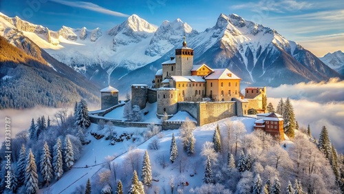 Snowy fortress nestled amongst mountains photo