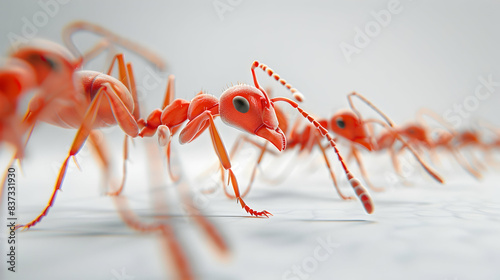 3d rendering, Realistic red ants walking on white floor, animal wildlife background design for banner, Abstract texture for background. photo