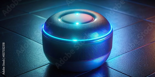 Close-up of a smart portable wireless speaker and personal assistant, representing the concept of home smart devices, automation, and technology glowing with futuristic glow