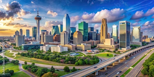 Impressive urban panorama of Dallas downtown with the iconic highway, park, and Reunion Tower photo