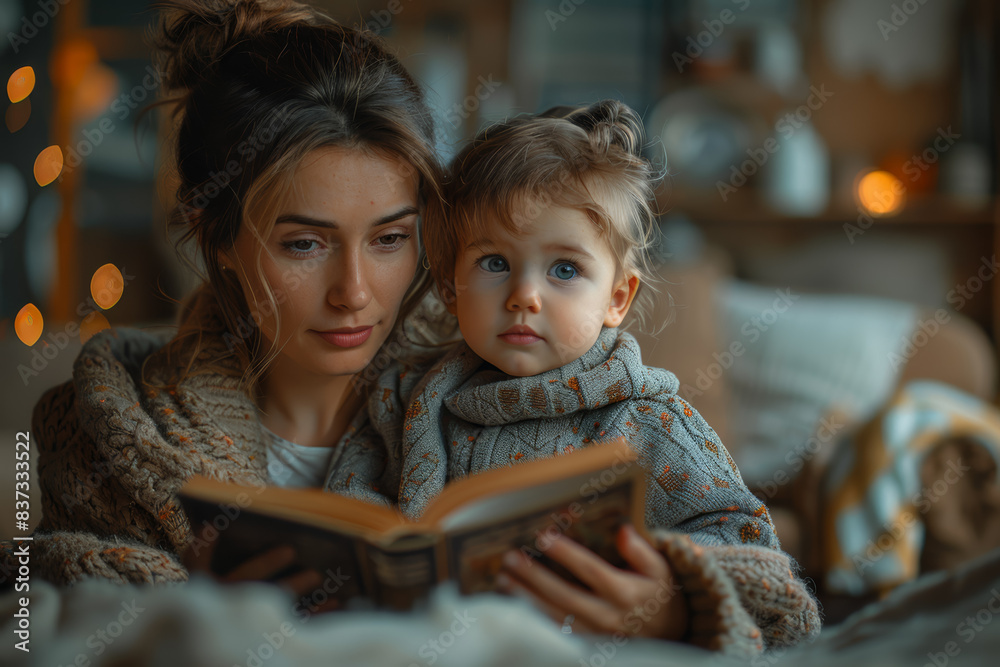 A mother reading a bedtime story to her child. Concept of family bonding and nurturing. Generative Ai. A mother reading a bedtime story to her child. Concept of family bonding and nurturing. Generative Ai.