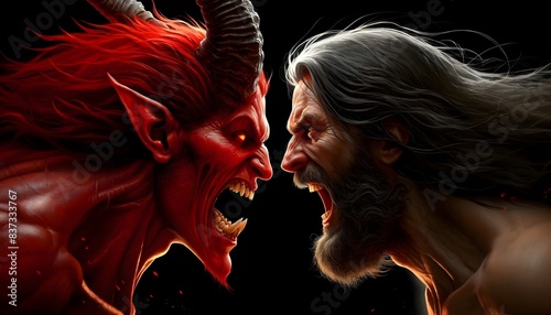 The image shows an intense, fiery confrontation between a red-skinned demon with horns and a fierce, muscular man with long hair, both roaring at each other.

 photo