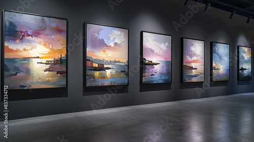 A series of paintings in a modern art museum, each framed in black, depicting abstract renditions of tranquil coastal towns at sunset.