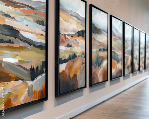 A wall in an art museum lined with a series of large, black-framed paintings of modern abstract landscapes in earth tones.