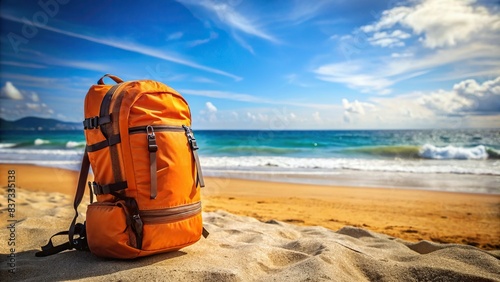 Orange rucksack on the beach with a view of the sea on a sunny day, representing travel insurance and traveling light