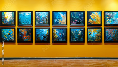 An art museum gallery displays a collection of paintings, each an abstract representation of underwater scenes, framed in black against a yellow wall.