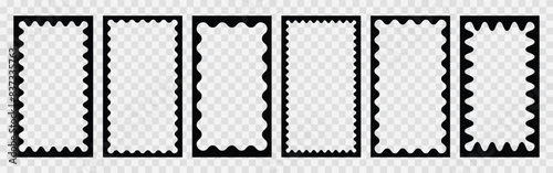 Scallop stories frames set. Zigzag wavy edges, retro squiggle frames, psychedelic rectangles, photo frames, text boxes, tags, labels. Vector groovy shapes set. Wave and curvy borders.