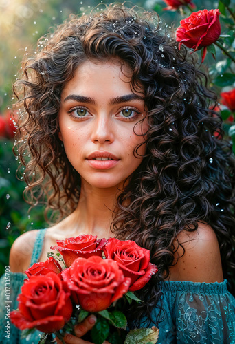 Portrait of a romantic and elegant girl with red roses