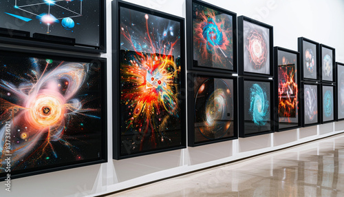 An art museum gallery showcases multiple black-framed paintings each showing an abstract version of different scientific phenomena, displayed against a white wall.