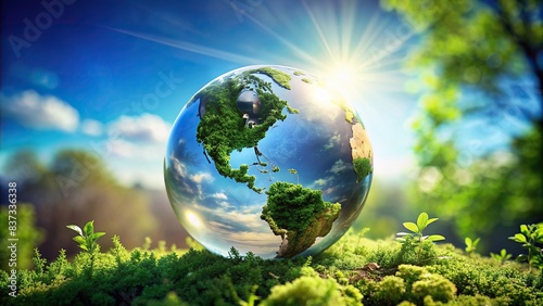 A serene image of a globe surrounded by lush greenery and clear blue skies, representing the importance of protecting the environment on Earth Day © Sangpan