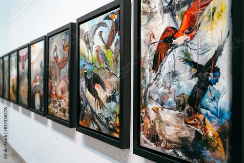 An art museum gallery features multiple paintings in black frames, each depicting abstract interpretations of different wildlife in their natural habitats, against a white wall.