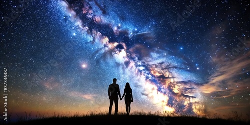 Silhouette of couple staring at stars and milky way in night sky