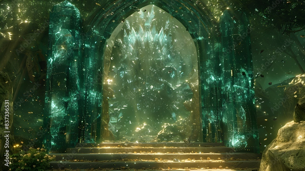 Ornate crystal gate with magical patterns, leading to another dimension Ornate crystal gate with magical patterns, leading to another dimension