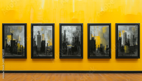 An art museum gallery features a series of black-framed paintings depicting surreal, abstract cityscapes, presented against a vibrant yellow wall.