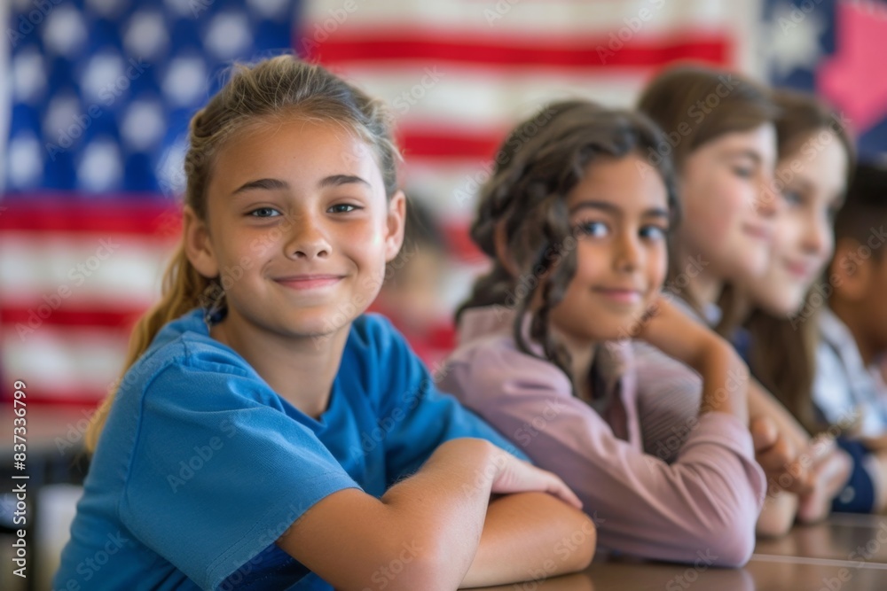 Fototapeta premium Students Participating in Mock Election at School with American Flag in Background..