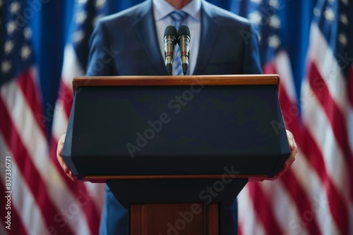 Political Candidate Holding a Serious and Informative Press Conference, USA Election