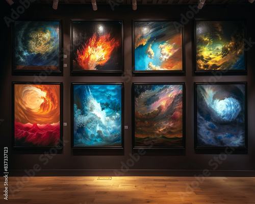 An art museum gallery with a collection of paintings, each an abstract representation of different weather phenomena, framed in black.