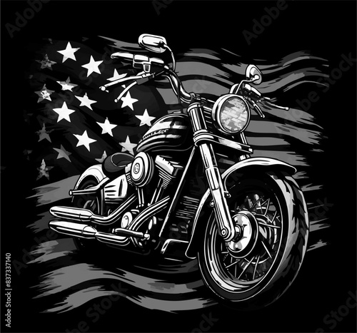 Vector t-shirt design.  Biker motorcycle
with american flag on black background.  Fashionable print for fabric, paper, men clothing, hoodie, biker jacket. Two-color black and white t shirt template.