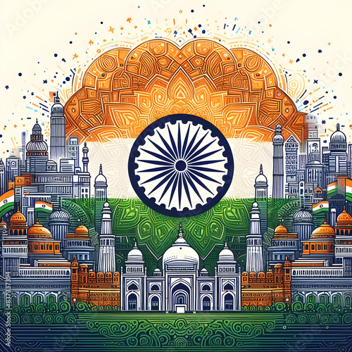 photo of an Indian flag combination with an Indian city line art image