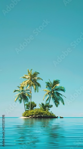 artistic tropical island with palm trees reflected in serene water  copyspace ample space for text  family travel  tourism  and tropical vacation.