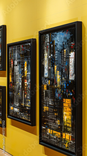 An art museum gallery features multiple paintings in black frames, each depicting abstract versions of high-rise buildings at night, against a yellow wall.