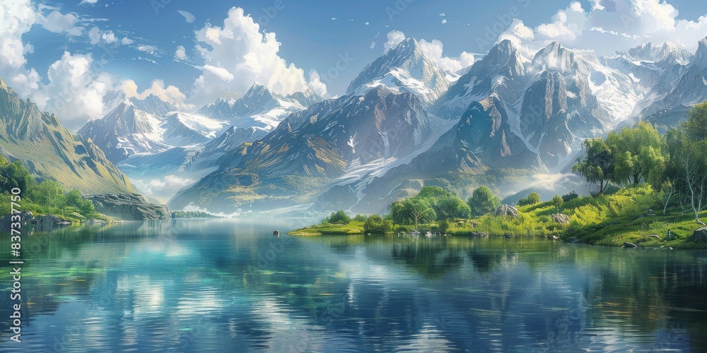 Tranquil Mountain Lake With Snow-Capped Peaks on a Sunny Day