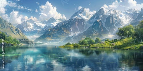 Tranquil Mountain Lake With Snow-Capped Peaks on a Sunny Day