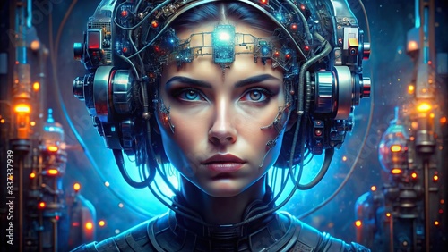 Cyberpunk sci-fi of woman's head covered in electronic devices