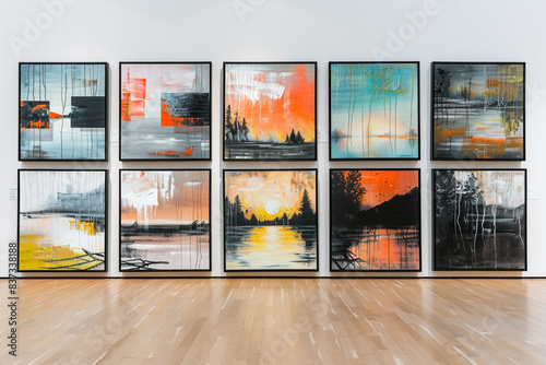 An art museum gallery presents a collection of abstract paintings depicting various serene lakeside views at sunrise, framed in black against a white wall.