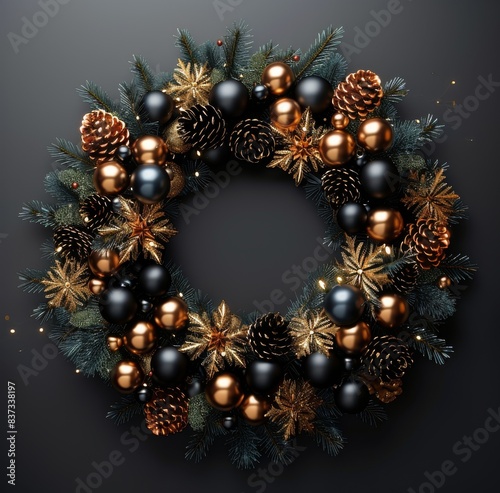 Black and Gold Christmas Wreath With Pine Cones and Ornaments