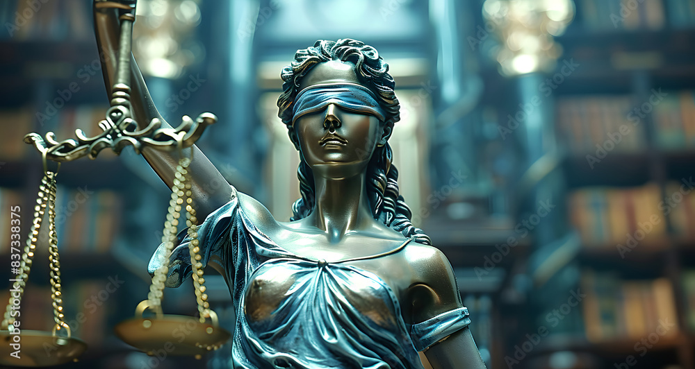 Scales of justice and the statue of lady Justice in front of an office or court room, symbolizing law protection and legal, Savior with blindfolded eyes holding scales against dark blurred background Scales of justice and the statue of lady Justice in front of an office or court room, symbolizing law protection and legal, Savior with blindfolded eyes holding scales against dark blurred background