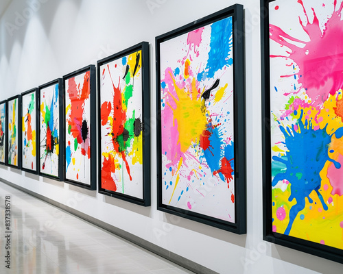 An art museum gallery with multiple black-framed abstract paintings depicting vibrant splashes of color on a white wall.
