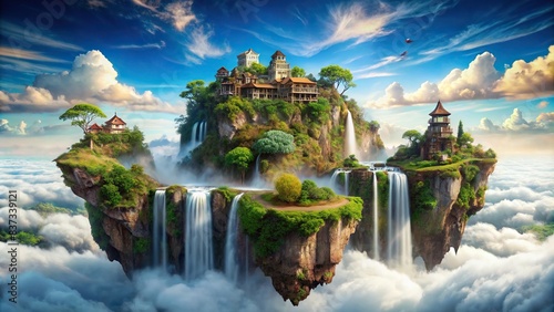 Fantasy floating island in the sky with cascading waterfalls photo