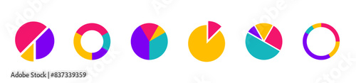 Pie chart infographic set. Circle diagram collection with sections or parts. Segmented circle icons for infographic, data analysis, web design, ui or presentation. Vector illustration.