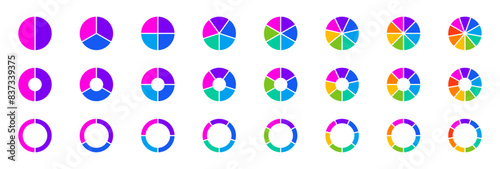 Pie chart infographic set. Circle diagram collection with sections or parts. Segmented circle icons for infographic, data analysis, web design, ui or presentation. Vector illustration.