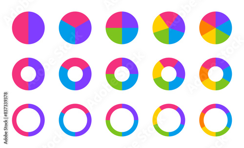 Pie chart infographic set. Circle diagram collection with sections or parts. Segmented circle icons for infographic, data analysis, web design, ui or presentation. Vector illustration.