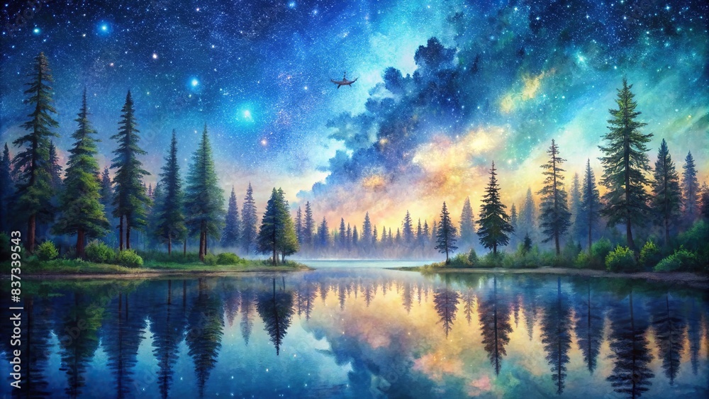 Serene forest lake under starry night sky in hand-drawn watercolor ...